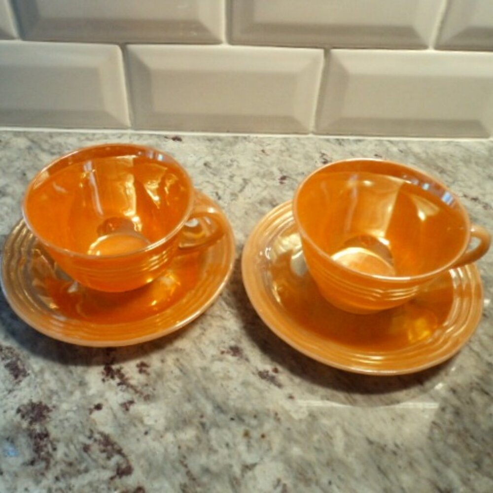 Fireking peach lustreware cup & saucers~ set of 2